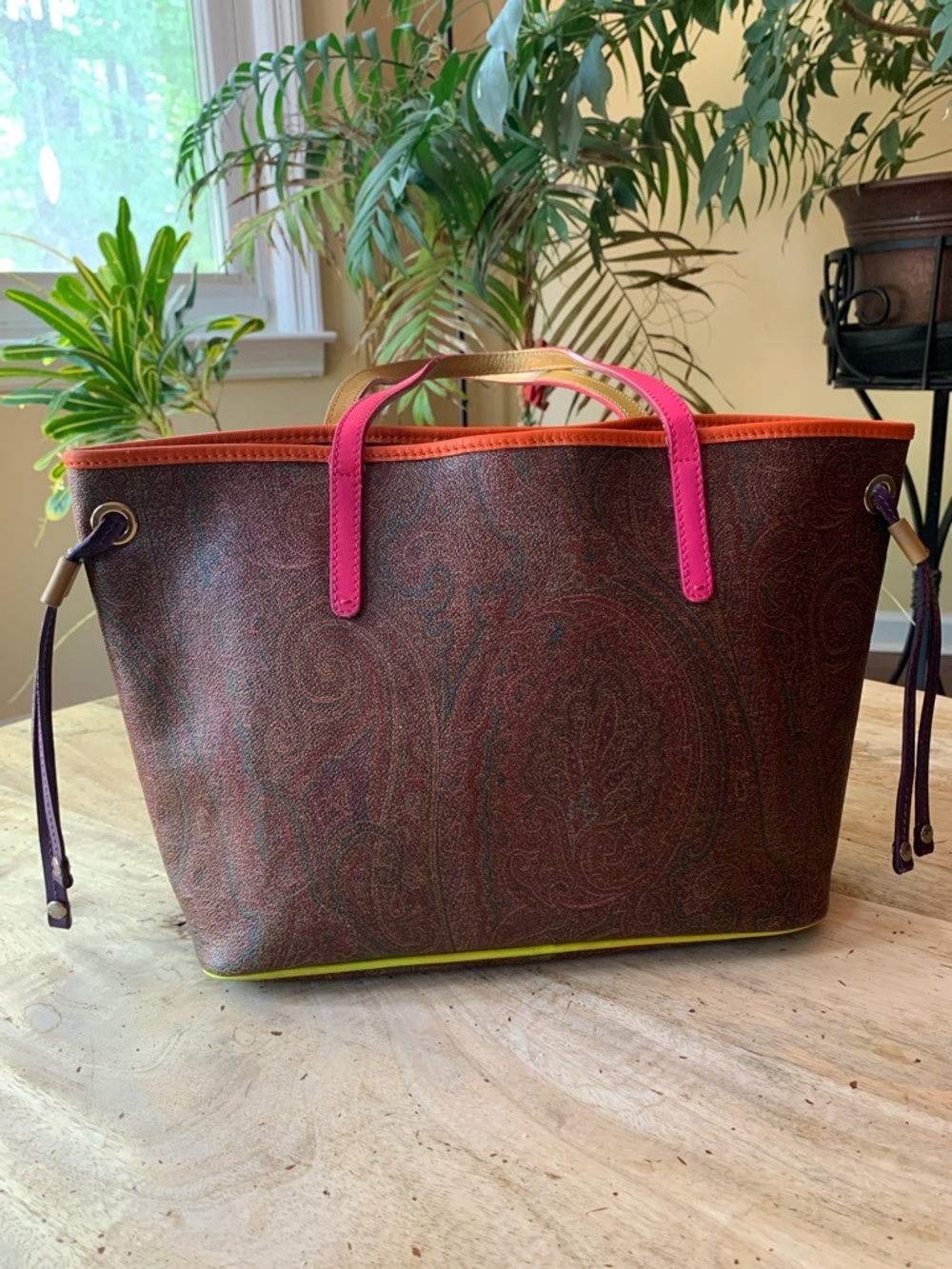 ETRO Paisley Shopping Tote with Pink Handles and Orange/Yellow Trim - Picture 3 of 17